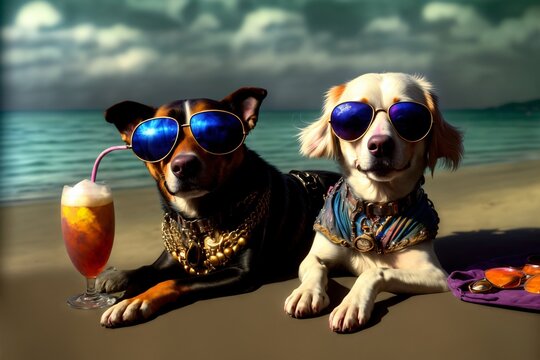 A Couple Of Dogs Sitting Next To Each Other On A Beach