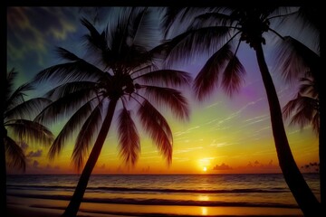 A Couple Of Palm Trees Sitting On Top Of A Beach