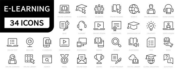 Fototapeta na wymiar E-learning thin line icons set. Online Education icon collection. E-learning and Education symbols. Vector