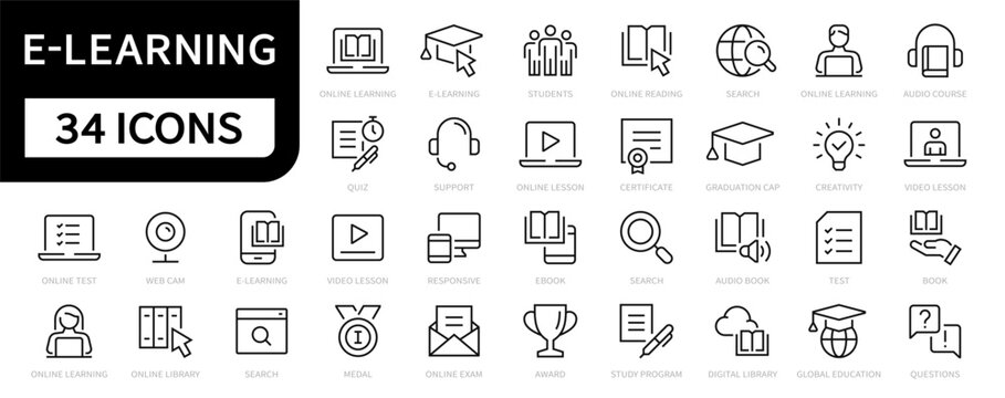 E-learning thin line icons set. Online Education icon collection. E-learning and Education symbols. Vector