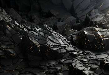 Fototapeta premium Ethereal Rock Veins: Volumetric Texture with Cracks. Captivating Black Stone Background Offering Abundant Copy Space for Design. Perfect for Wide Banners and Striking Visuals