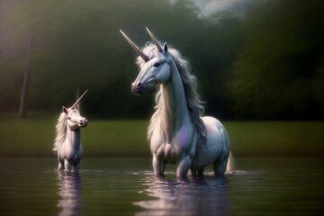 Obraz na płótnie Canvas Two White Unicorns Standing In A Body Of Water