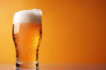 a glass of beer with foam on top on an orange background.  Generative AI