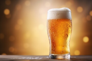 a glass of beer sits on a table with a shiny background, in the style of light yellow .
