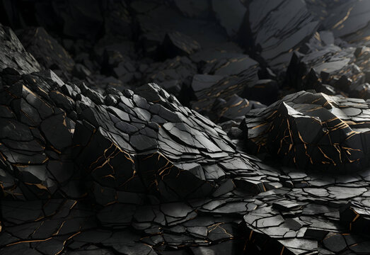 Ethereal Rock Veins: Volumetric Texture with Cracks. Captivating Black Stone Background Offering Abundant Copy Space for Design. Perfect for Wide Banners and Striking Visuals