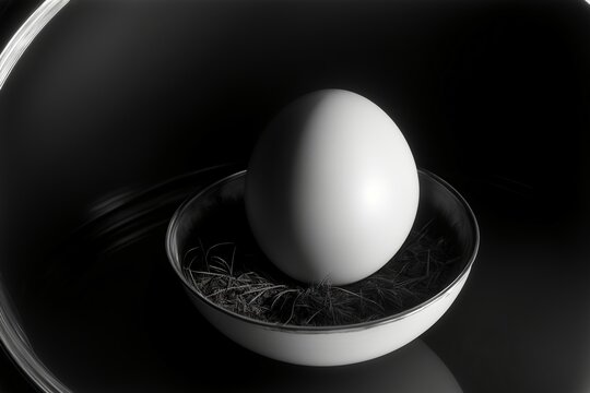 A Black And White Photo Of An Egg In A Bowl