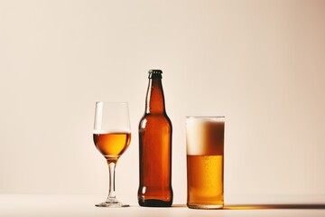  a bottle and glass of beer on a white surface, in the style of light yellow and light gold, soft tonal range.  Generative AI