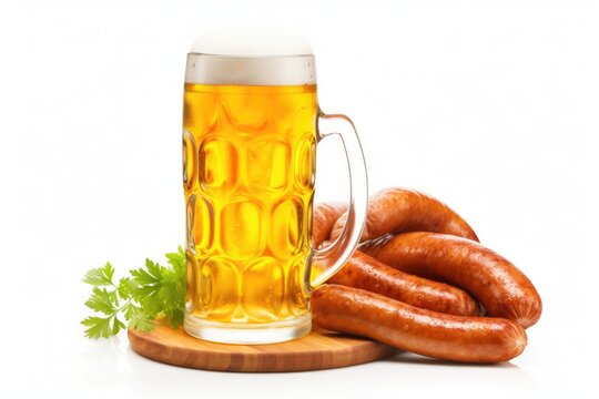 Bavarian grilled sausages and beer on a white background..  Generative AI