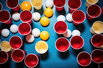 red plastic cups of beer and ping pong ball.  Generative AI