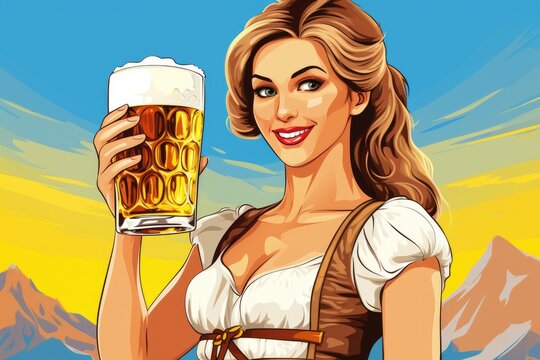 A girl waitress is serving beer glasses. Celebration of Oktoberfest. illustration in the style of pop art retro comic.  Generative AI