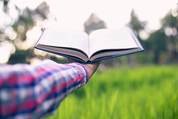 Happy woman lying on green grass reading a book in the park (outdoors) SSTKHome