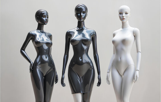 Plastic mannequins of stylish girls, monumental art of elegant women, fashionable design of models in different poses