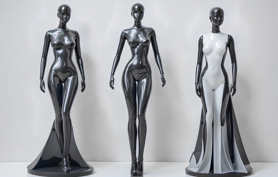 Plastic mannequins of stylish girls, monumental art of elegant women, fashionable design of models in different poses
