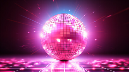 rosa pink Discokugel mit Lichtern und Lichteffekten. Querformat. Generative Ai.