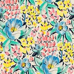 Seamless pattern with bright spring flowers. Digital painting.