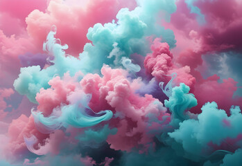 Fototapeta premium Enchanting Mist: Dreamy Pastel Teal and Pink Smoke on Abstract Background. Ethereal Clouds and Fog Creating a Captivating Scene. Glowing Colorful Steam Wallpaper for a Mesmerizing Visual Experience