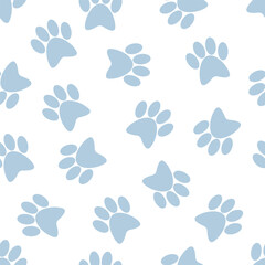 Fototapeta na wymiar Blue paws of pets on a white background. Vector seamless pattern. Ideal for textiles, fabrics, packaging, wrapping paper