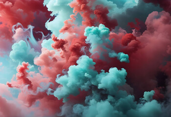 Enchanting Mist: Dreamy Pastel Teal and Pink Smoke on Abstract Background. Ethereal Clouds and Fog Creating a Captivating Scene. Glowing Colorful Steam Wallpaper for a Mesmerizing Visual Experience