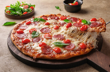 Slice of hot pizza with melting cheese. Pizza with pepperoni, tomatoes and muzzarella. Fresh hot pizza.