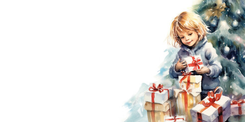 Fototapeta na wymiar Little light - haired boy examining gifts under the Christmas tree. Banner. Copy space.