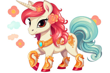 Naklejka premium cute Chinese new year unicorn horse, white isolated background, cartoon style PNG