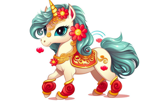 cute Chinese new year unicorn horse, white isolated background, cartoon style PNG