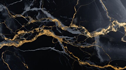 Obraz na płótnie Canvas A top view of a black alcohol ink marble background with elegant gold veins flowing through it, providing negative copy space for your text or branding. Wallpaper texture. Generative AI. 