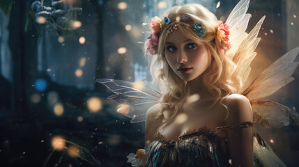 Fototapeta premium An ethereal fairy princess, adorned in a flowing gown and sparkling with pixie dust, poised to lead an extraordinary adventure in a magical realm. AI generated