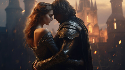 A magical maiden embraces a fearless knight, their connection radiating with both tender affection and the strength required to conquer the challenges of a fantasy world. AI generated