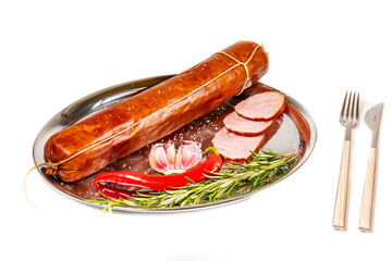 Grilled pork beef sausages, Oktoberfest dishes, isolated on white background.