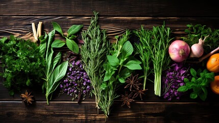 A top view of an assortment of freshly picked herbs, with their vibrant colors and fragrant leaves arranged on a rustic wooden backdrop, offering negative copy space for text. Generative AI. 