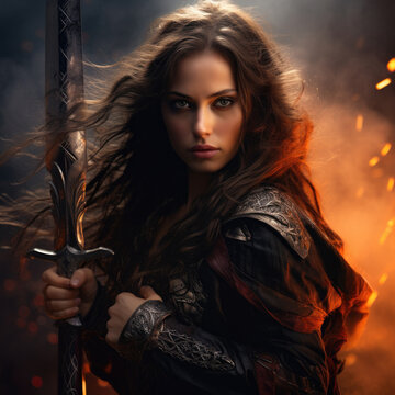 A powerful fantasy woman warrior with flowing hair, striking a pose with her weapon against a dramatic background. AI generated