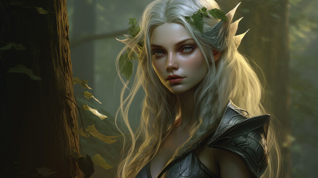 A mesmerizing elven creature with radiant beauty, adorned in nature-inspired attire, blending seamlessly with a magical forest. AI generated