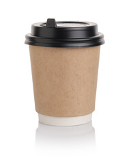 Take-out coffee in thermo cup. Cardboard disposable cup for coffee isolated on white background. Disposable brown paper coffee cup