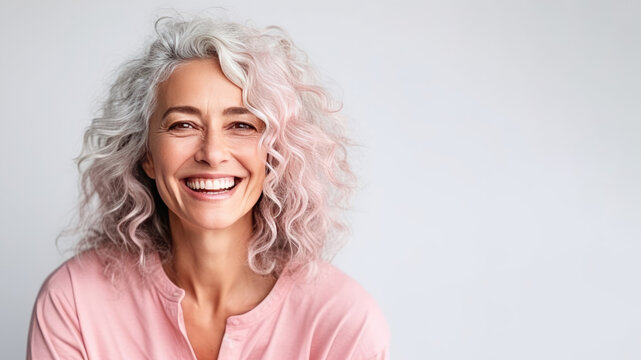 Smiling Attractive Woman 50s Years Old Look To The Camera, Isolated On White Background Studio Portrait. People Lifestyle Concept. AI Generated.