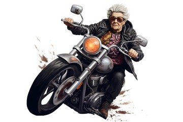 Fototapeta na wymiar Grandmother riding a chopper motorbike isolated on white background