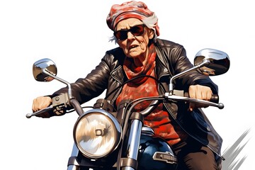 Fototapeta na wymiar Grandmother riding a chopper motorbike isolated on white background