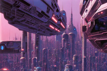 Cyberpunk urban scene. City of a future. Futuristic Generative AI illustration in purple and pink colors. Nostalgic classic cyberpunk wallpaper in 80's retro style. Aesthetics of sci-fi drawings.	