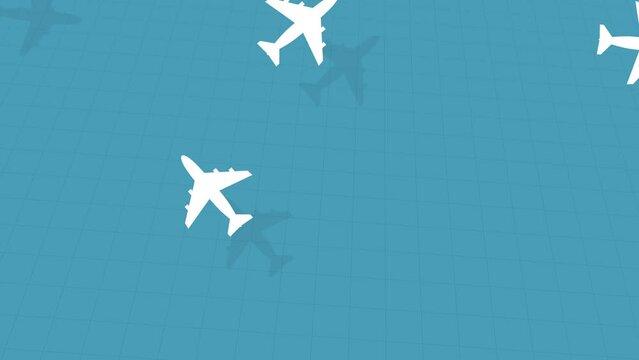 Airplanes flying over blue grid background loop. Holiday plane air travel concept. Busy air traffic motion graphics animation. Aircrafts with shadows fly over blue sky.