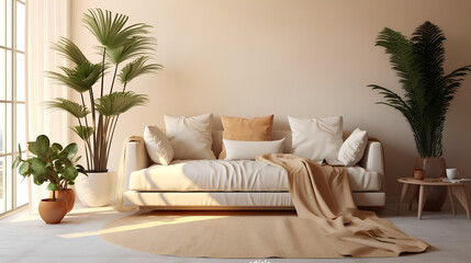 Fototapeta na wymiar Beautiful sunny living room with a stylish sofa, table and plants in beige tones. Generative AI.