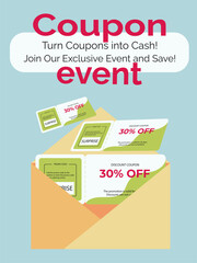 Flyers with coupons, discounts, promotions, sales. Black Friday. coupon events. Card, banner, placard, poster, web banner. ready sample, template, Coupons in envelope