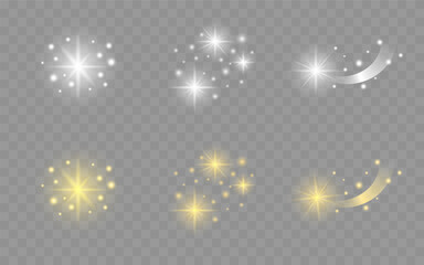 Fototapeta na wymiar Set of the vibrant stars elements, starlight, light, spotlight. Glow isolated white and gold transparent light effect set, explosion, shiny glints, sunbeams. Vector illustration