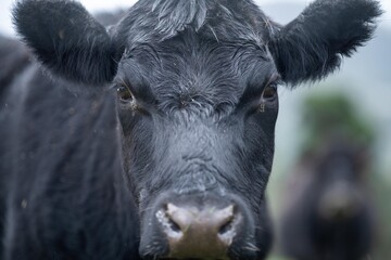 livestock beef cattle in a field on a farm. close up of a cows face.