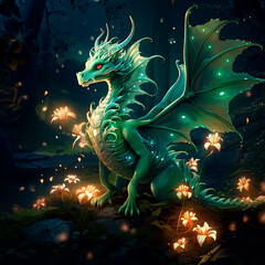 A beautiful green dragon in a fairy forest with luminous flowers generated ai