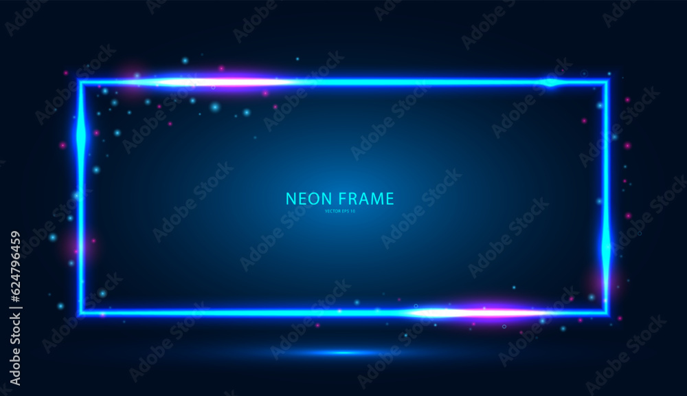 Poster neon rectangular frame with shining effects and highlights on a dark blue background. abstract futur