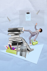 Collage picture of funny schoolboy formal uniform studying running with backpack count abacus stack...