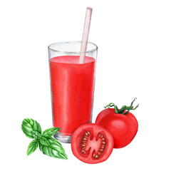 A glass of tomato juice with a straw, basil and tomatoes. Hand drawn watercolor illustration for clip art decor menu