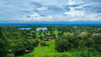 The famous beautiful view landscape of the blue cloud top of green forest, in Wat Phou Hindu/vat Phou temple complex is the UNESCO world heritage site in Champasak, Southern Laos.