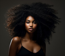 Young black woman with big afro hair, looking straight at you.
