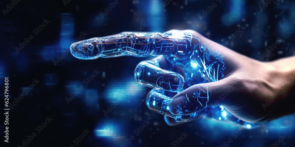 Poster man on blurred background touching holographic projection of artificial intelligence